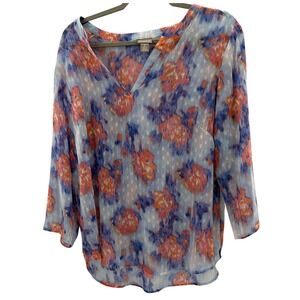Chicos Blue Orange Floral Clip Dot V-Neck Blouse‎ Metallic Stripe Size 2 Large